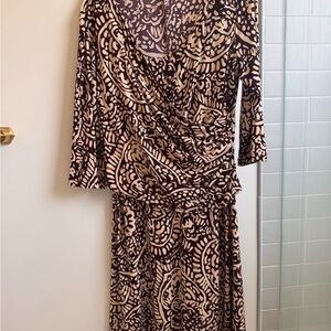 Late 90s vintage Coldwater Creek Brown and Cream Patterned 3/4 sleeve Wrap Dress